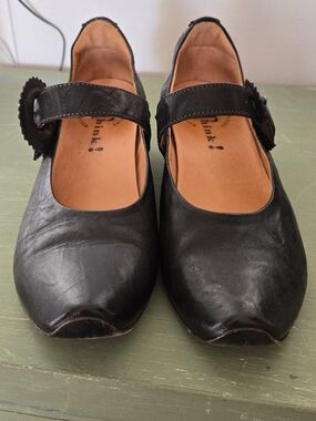Think! Black Leather Mary Jane Flats with Decorative Strap